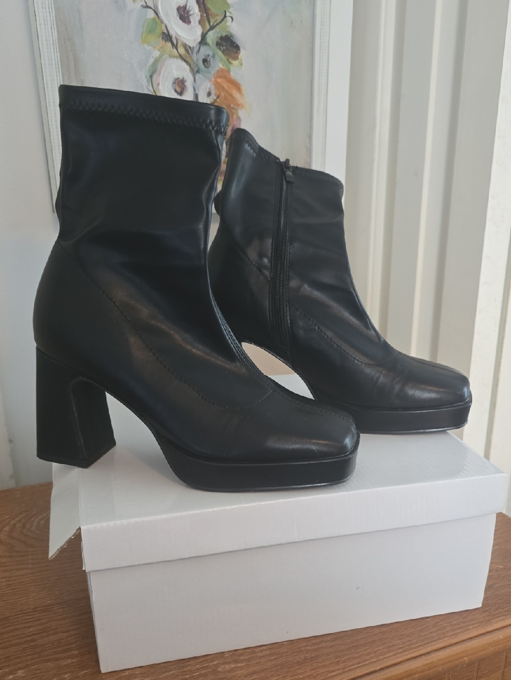Pink Lily Black Faux Leather Mid-Block Ankle Boots